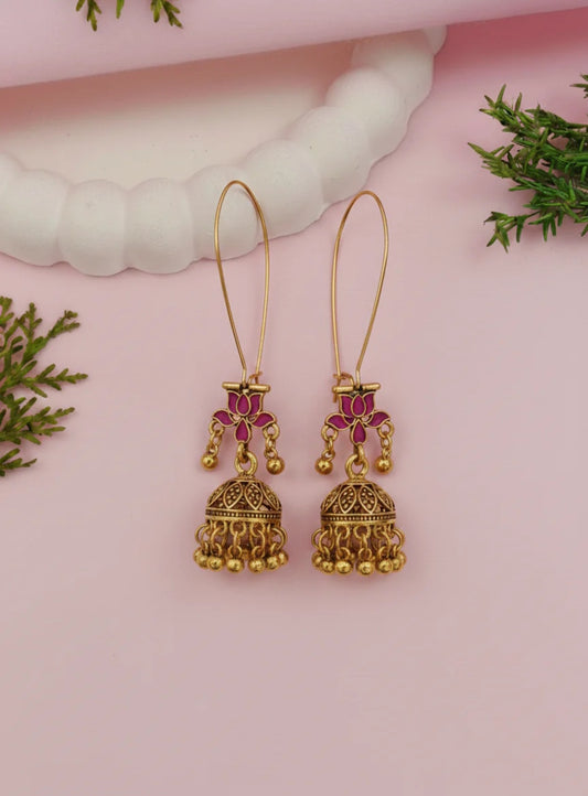 Antique Gold Plated Pink Coloured Enamel Dangler Earring