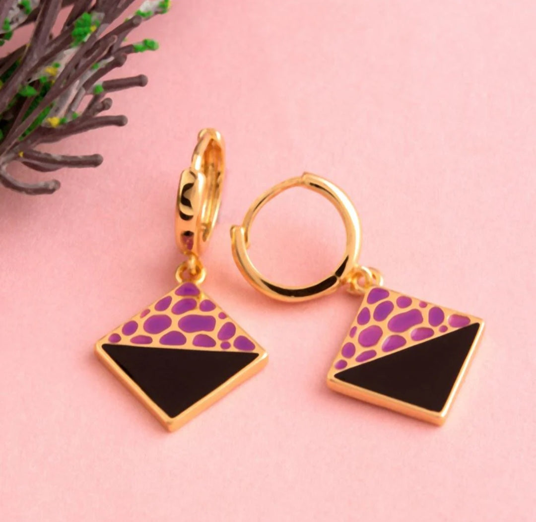 Gold Plated Square Shaped Dual Color Enamel Bali Hoop Earring