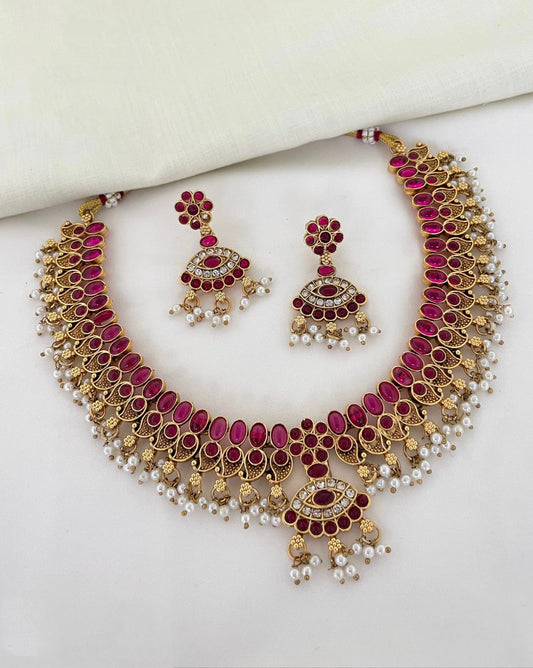 Traditional Ruby Pink Kemp Stone Necklace Set | A220