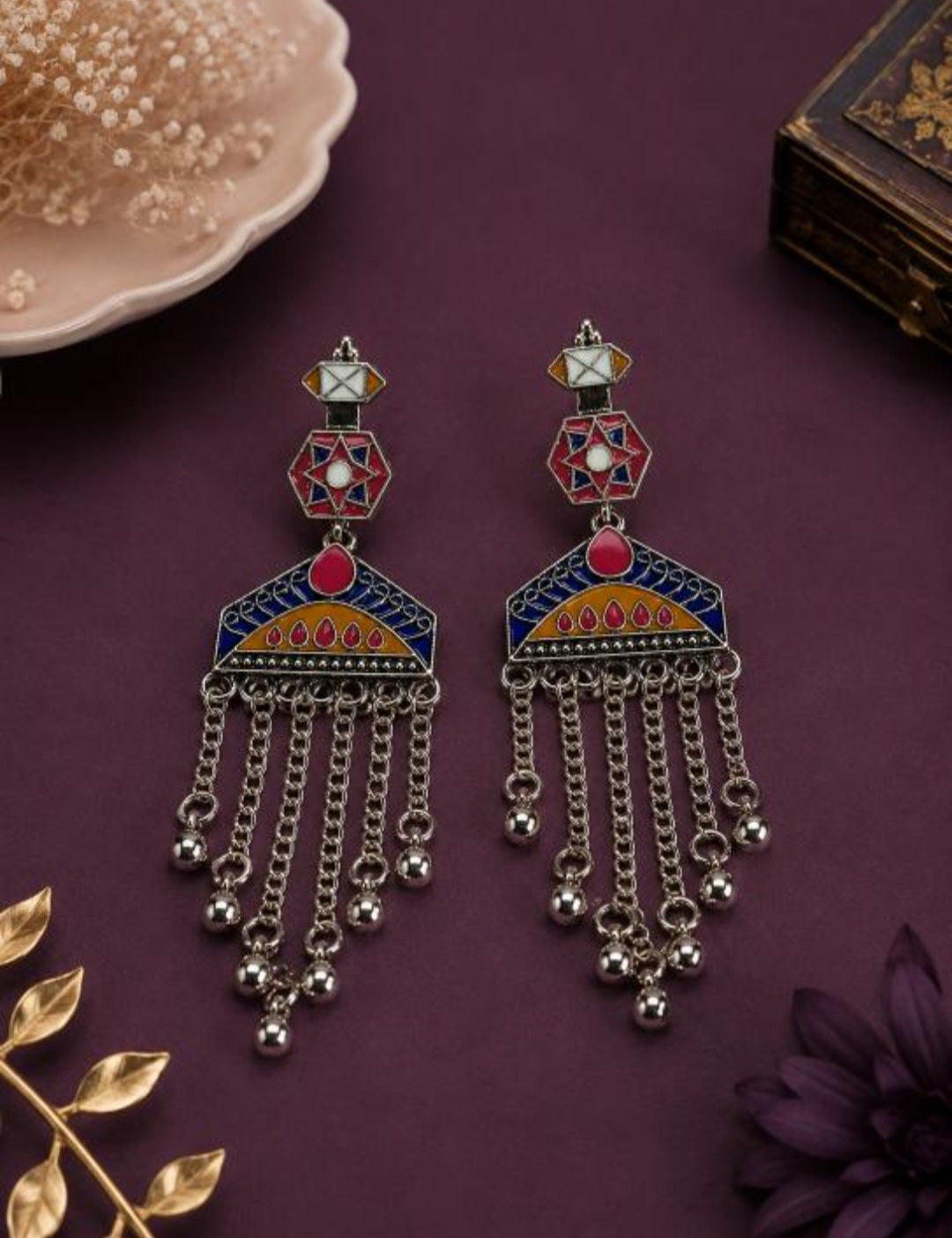 The Geometric Chandelier Cascades An Antique Gold/Silver Plated Dual Coloured Enamel Dangler | AD6818