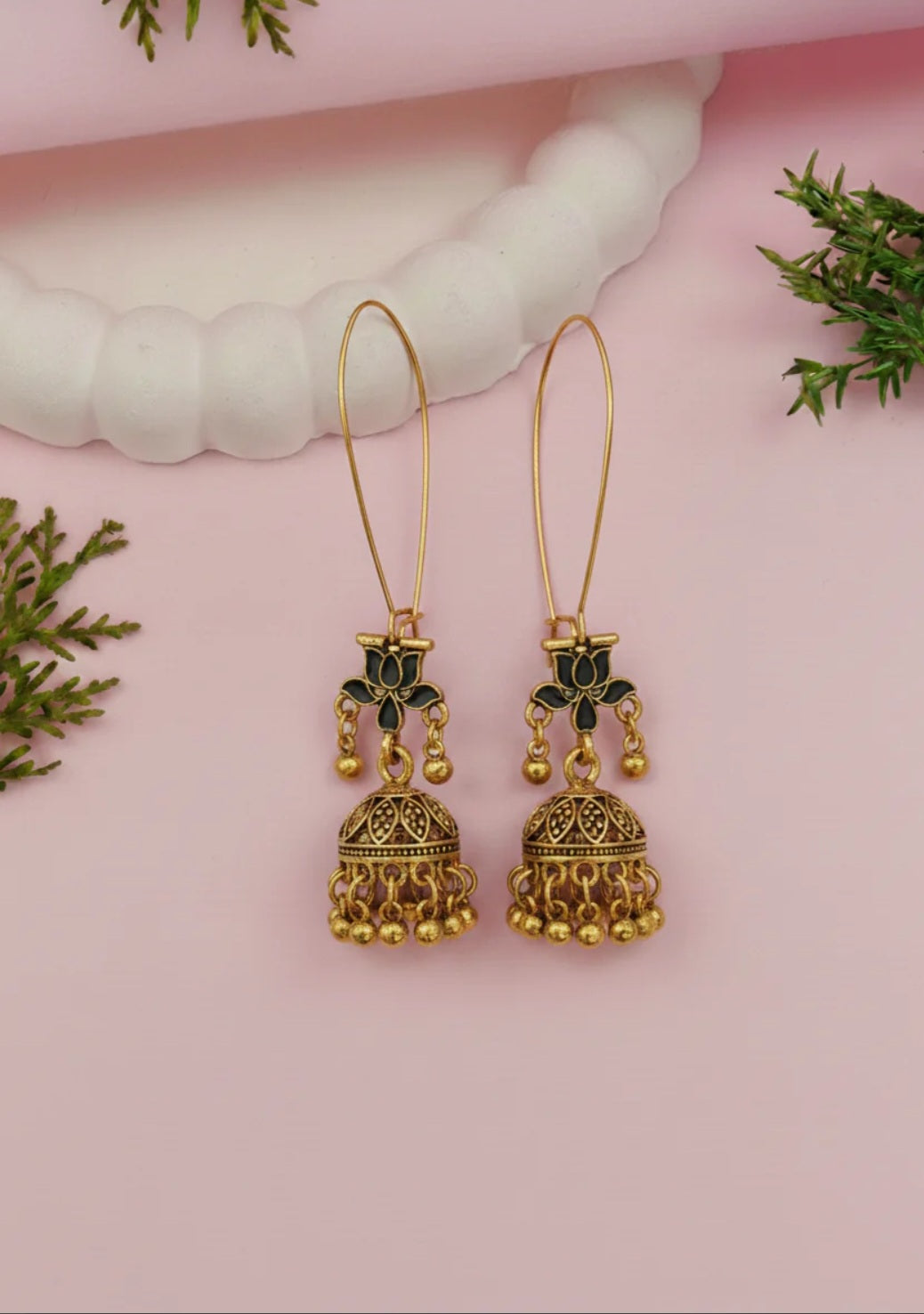 Antique Gold Plated Black Coloured Enamel Dangler Earring