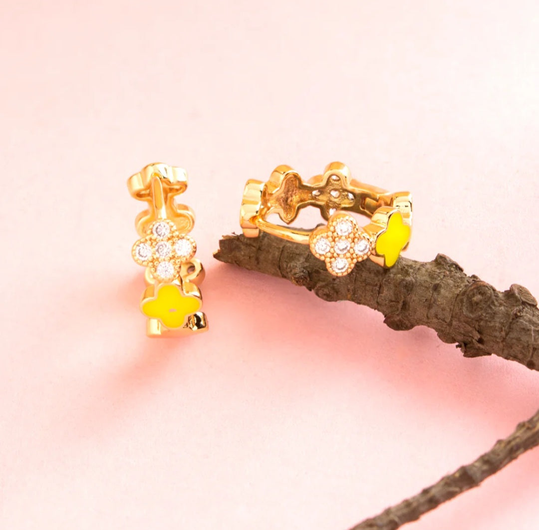 Gold Plated Floral Designed Enamel and CZ American Diamond Bali Hoops Earring