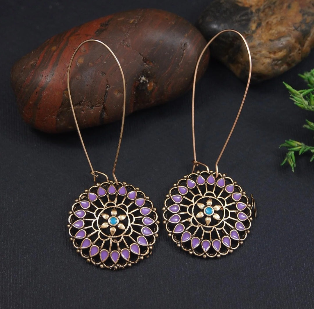 Mandala Bloom Hook Antique Gold Plated Enamel Dangler Earring | AD6585