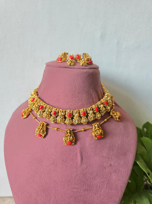 Orange beaded lakshmi layered necklace set